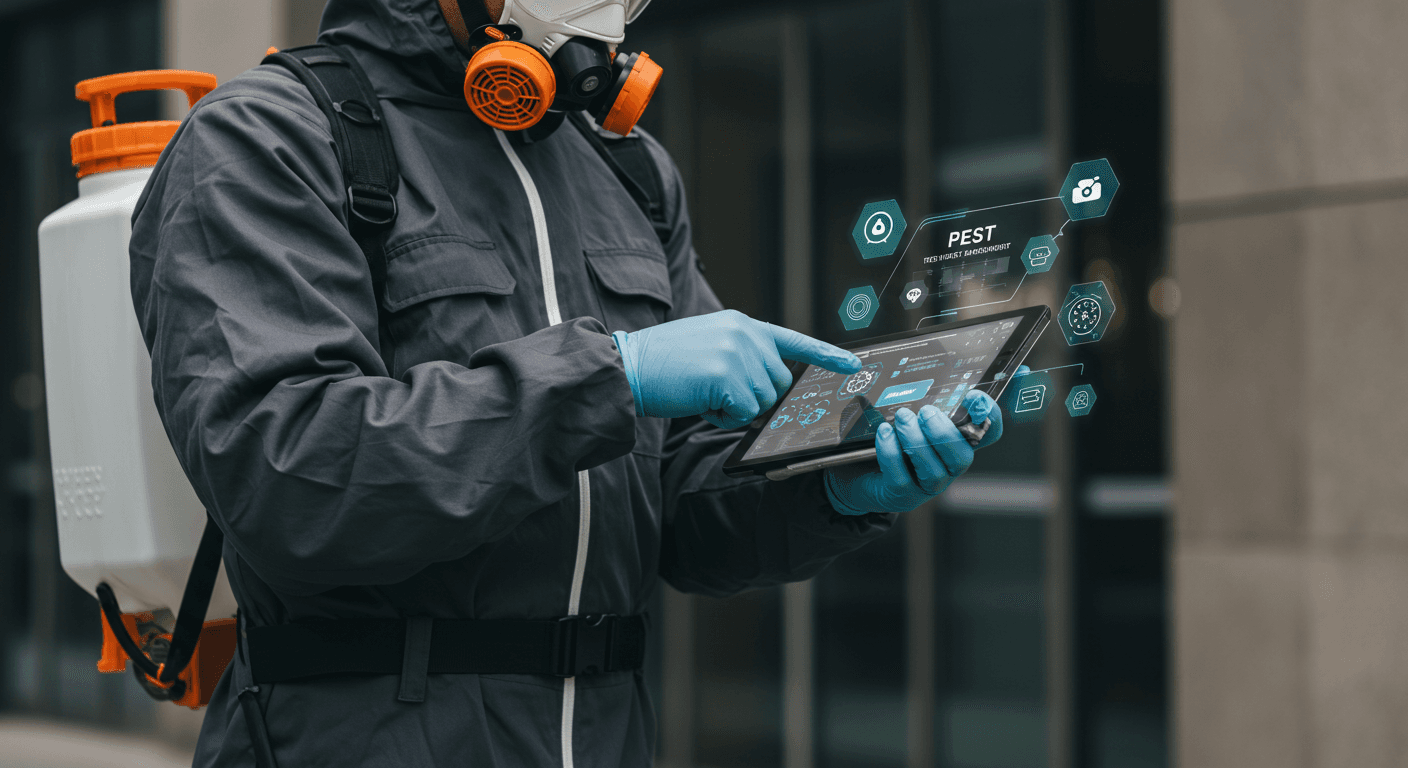 Técnico em dedetização com tablet na mão